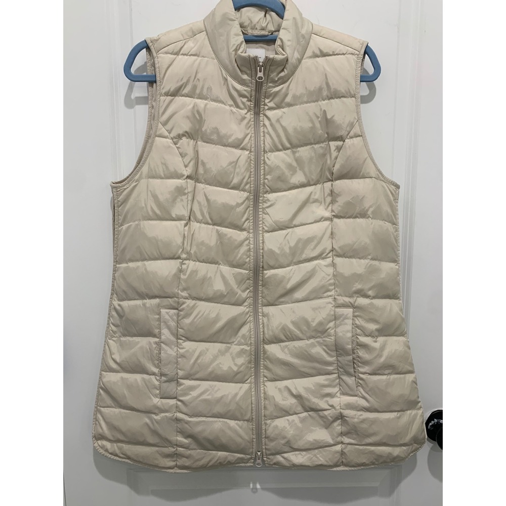 J. Jill Down Puffer Vest Cream Quilted Full Zip Side Vent Womens M